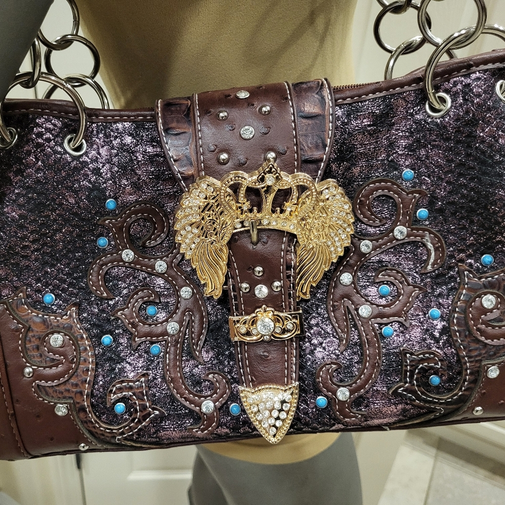 NWOT Cowgirl Trendy Elegant Brown & Gold  Embellished Women's Bag - Picture 3 of 7